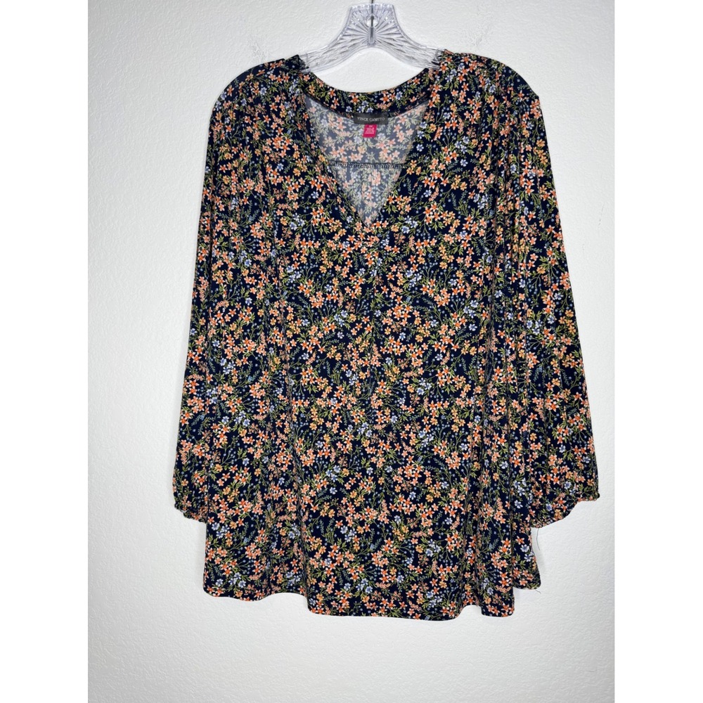 Vince Camuto Womens 3X Floral V-Neck Long Sleeve Jersey Knit Blouse Navy Blue